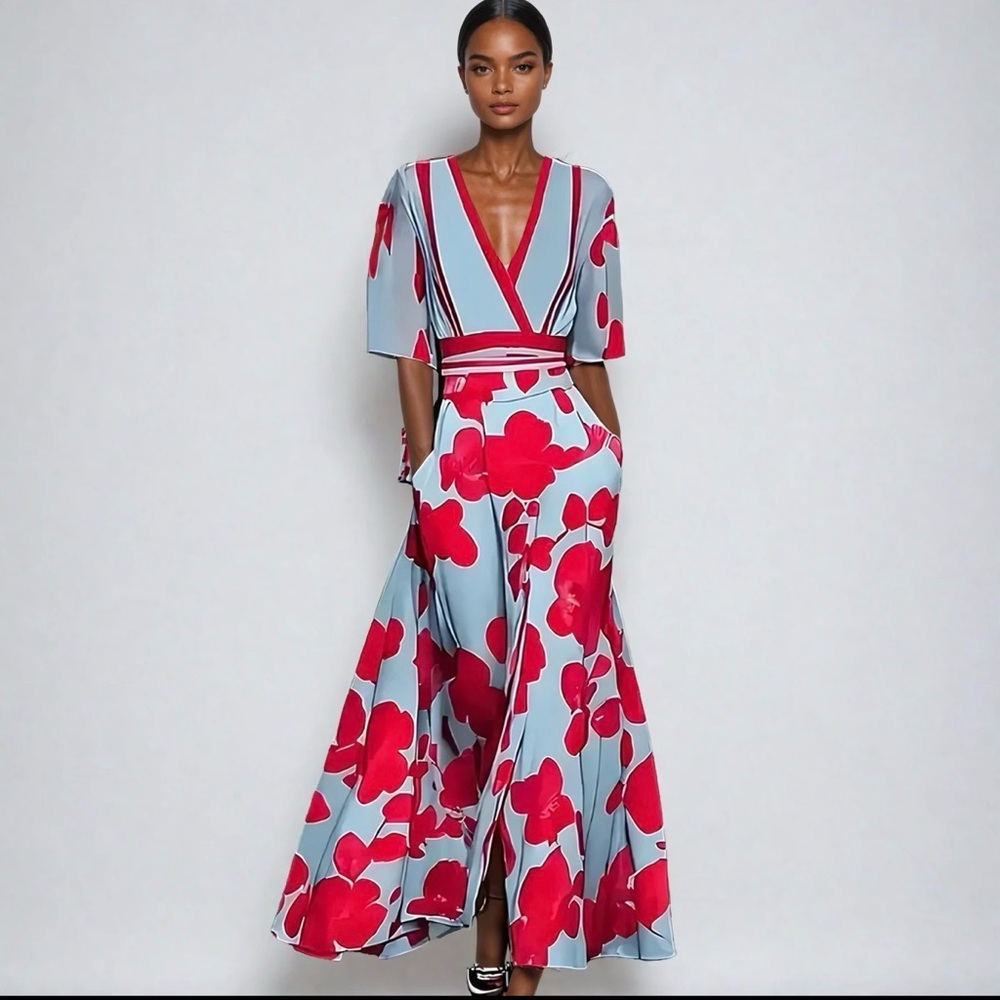 Floral V-Neck Maxi dress in Blue and Red